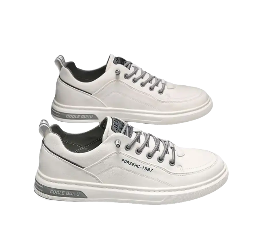 Two white leather sneakers.