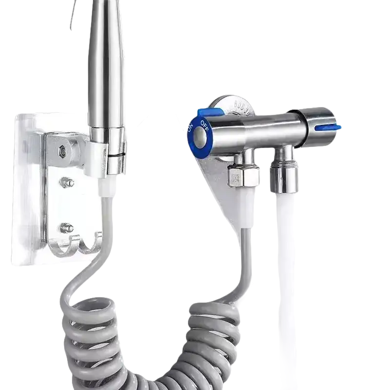Bidet sprayer with coiled hose.