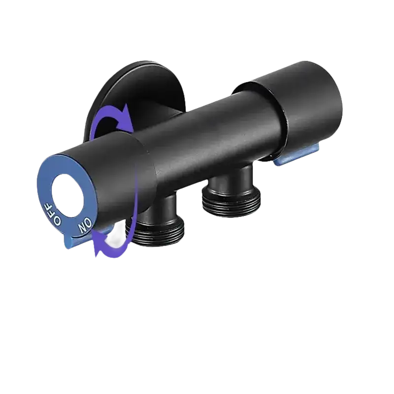 Black metal dual outlet valve.