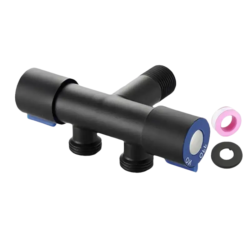 Black metal water valve with accessories.