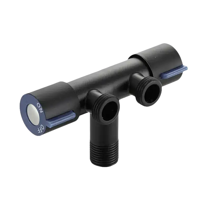 Black T-shaped water valve with threaded ports.
