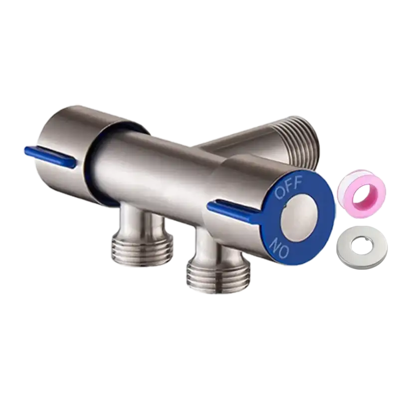 Brushed metal dual shut-off valve with blue handles.