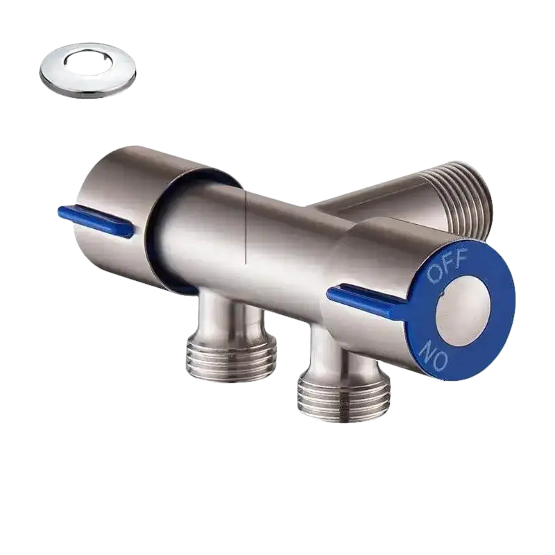 Silver-colored metal faucet with blue handles and labeled settings.