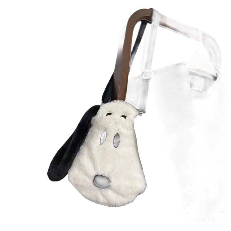 Plush Snoopy purse with black strap.