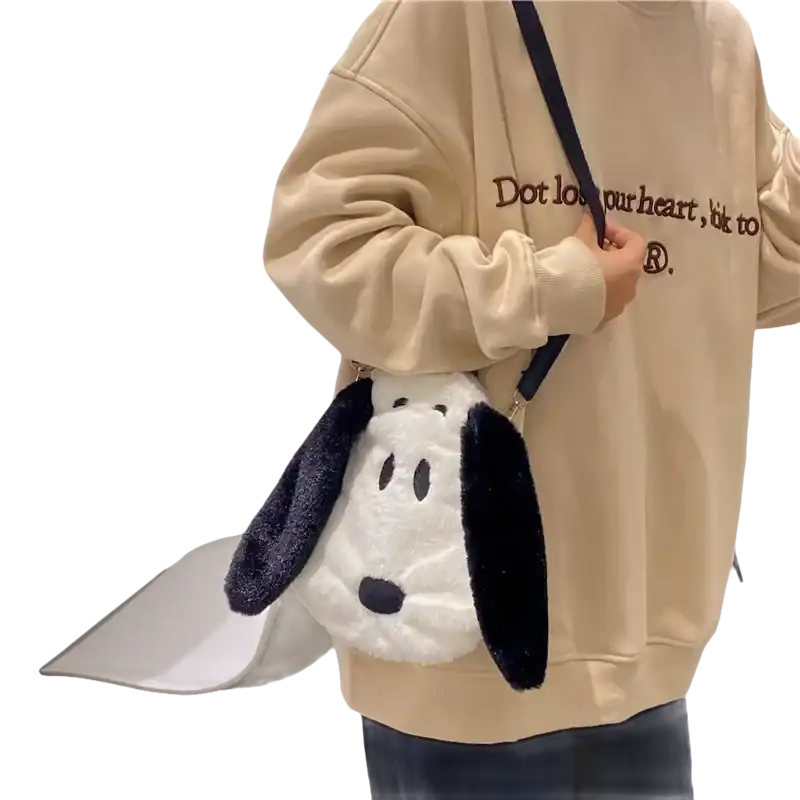 Plush Snoopy purse with black strap.