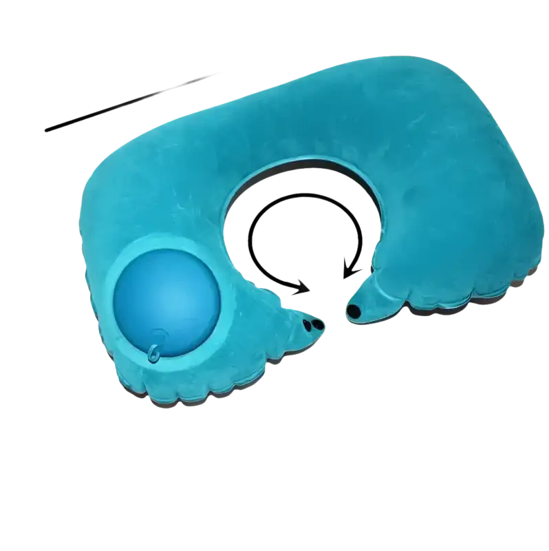 Inflatable blue neck pillow from Airpillo with trendy chill vibes and size info