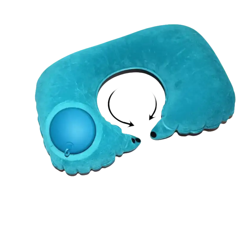 Inflatable blue neck pillow from Airpillo with trendy chill vibes and size info