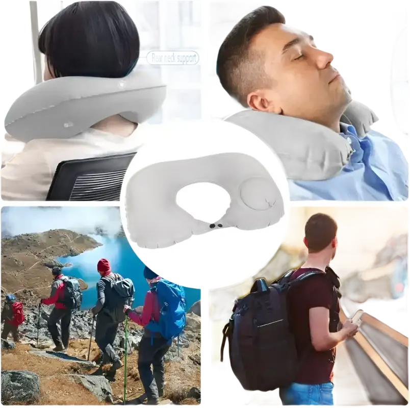 Inflatable gray neck pillow from Airpillo with trendy chill vibes for comfy travel