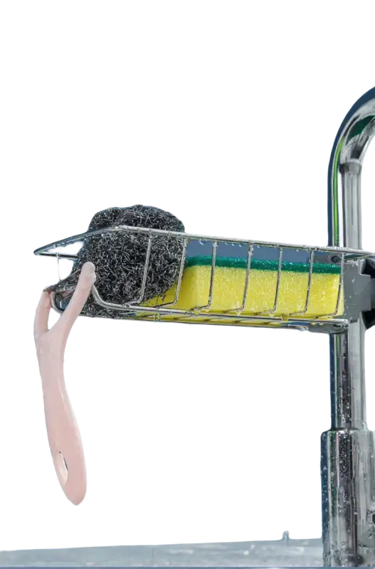 Faucet-mounted sponge holder.