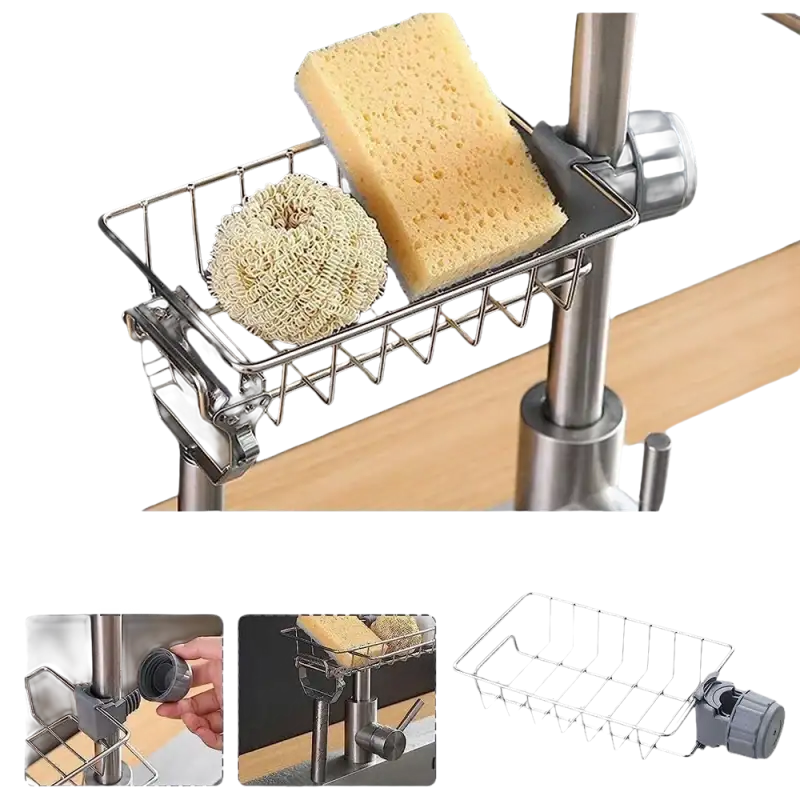 Faucet-mounted sponge holder.