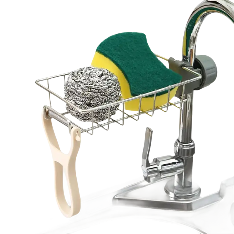 Faucet-mounted sponge holder with cleaning supplies.