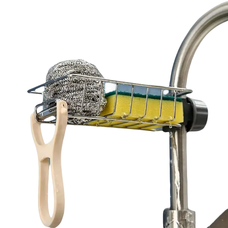 Faucet sponge holder with cleaning supplies.