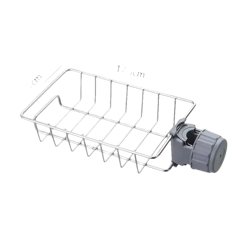 Stainless steel sink caddy with adjustable clamp.
