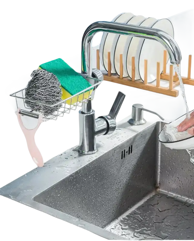 Stainless steel kitchen sink with faucet and accessories.