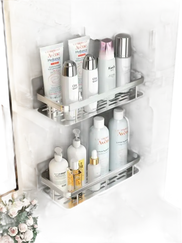 Two-tiered bathroom shelves with toiletries.