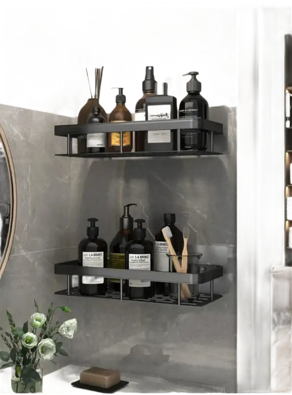 Two-tiered black bathroom shelves.
