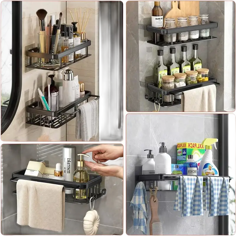 Wall-mounted storage shelves.
