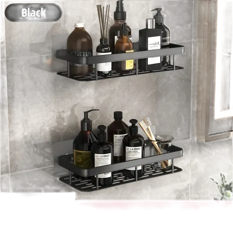 Black aluminum bathroom shelves.
