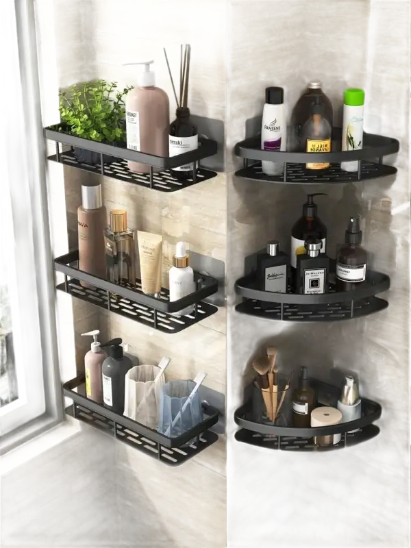 Black bathroom shelves with toiletries.