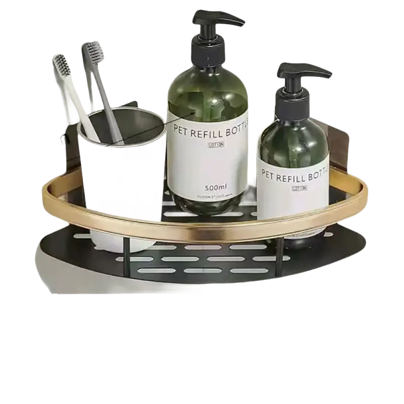 Corner bathroom shelf with toiletries.