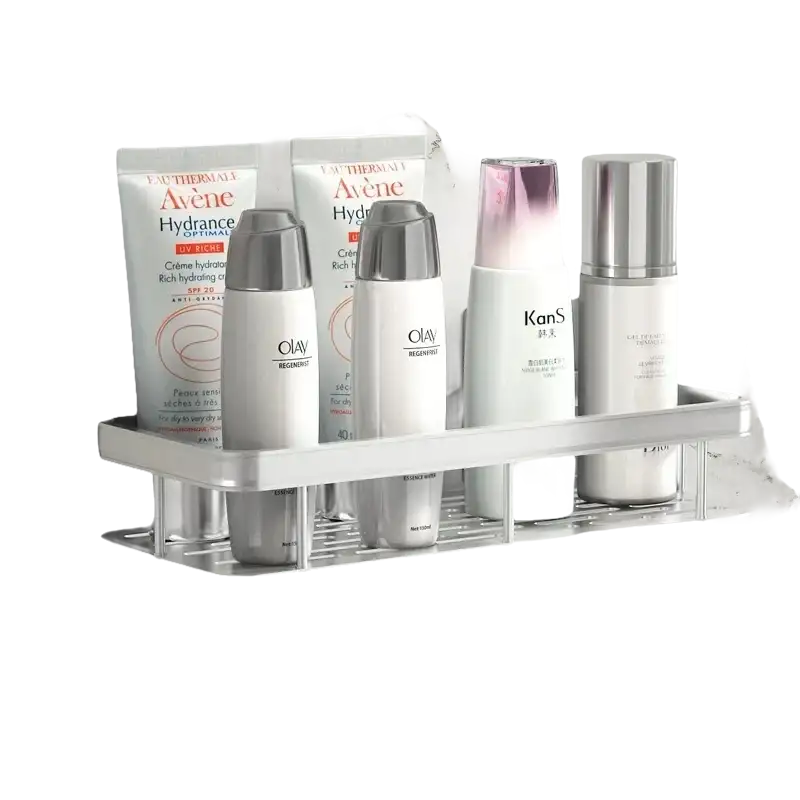 Silver bathroom shelf with toiletries.