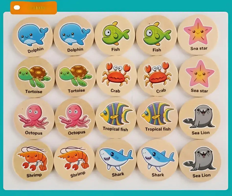 Wooden sea animal matching game.