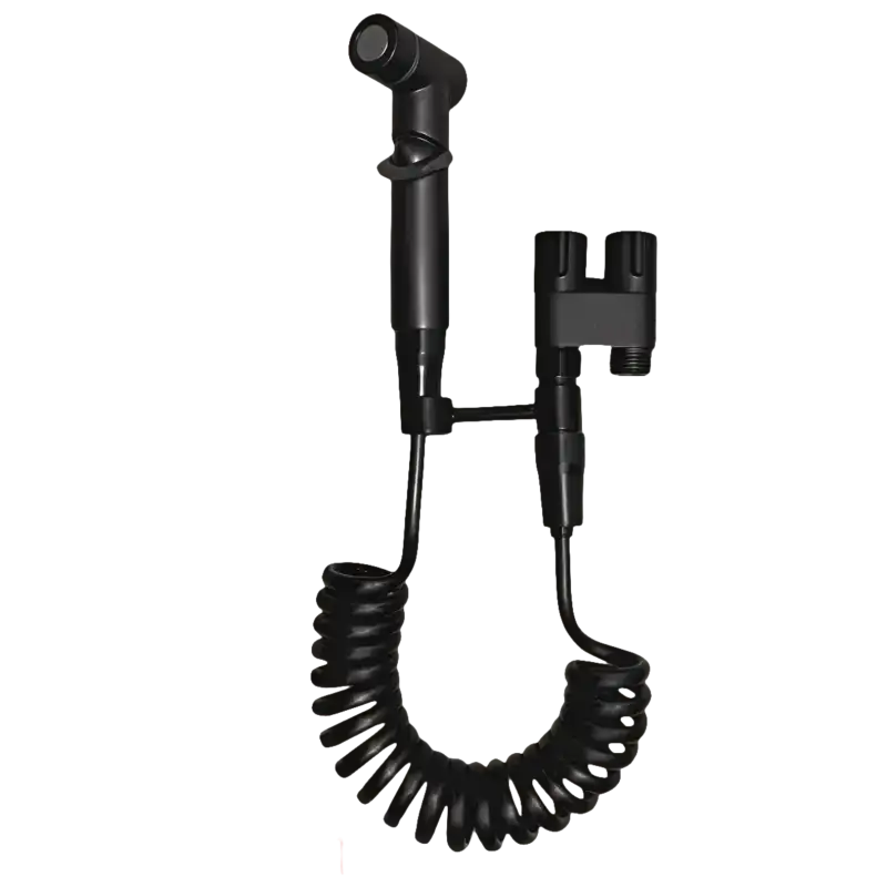 Black bidet sprayer with coiled hose.