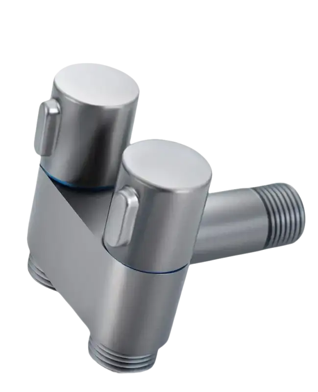 Brushed metal faucet with cylindrical handles.