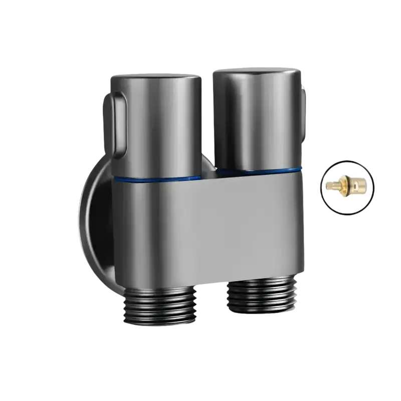 Dual-outlet brushed metal faucet.