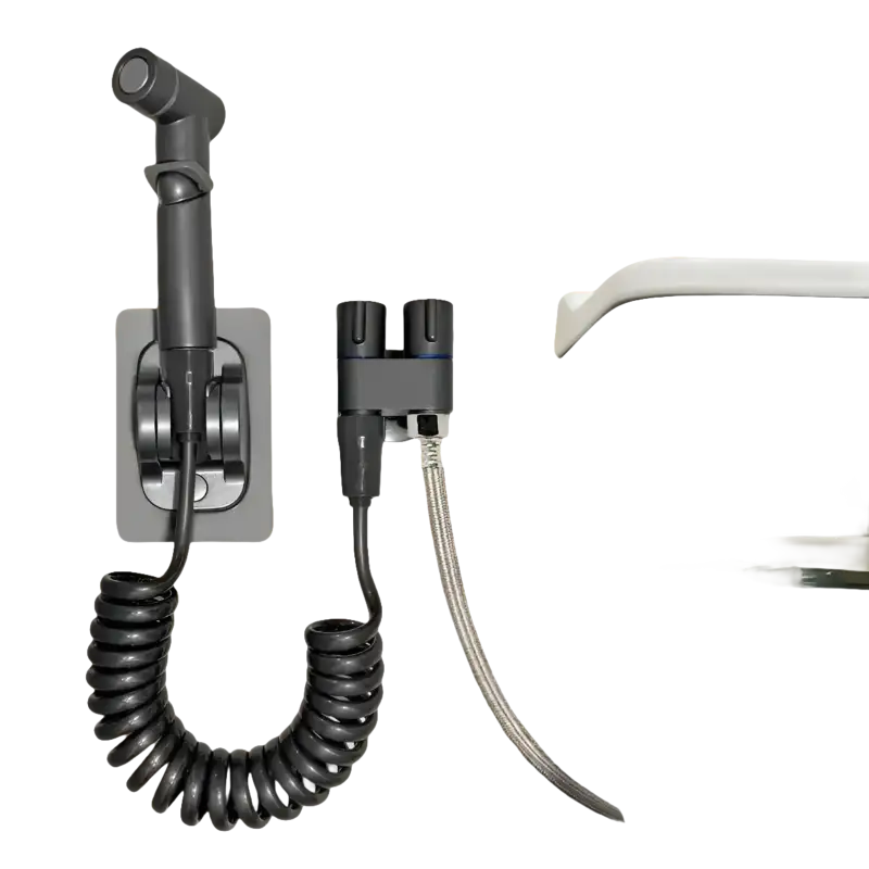 Bidet sprayer with coiled hose.