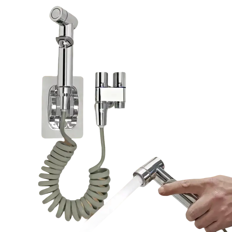 Chrome bidet sprayer with coiled hose.