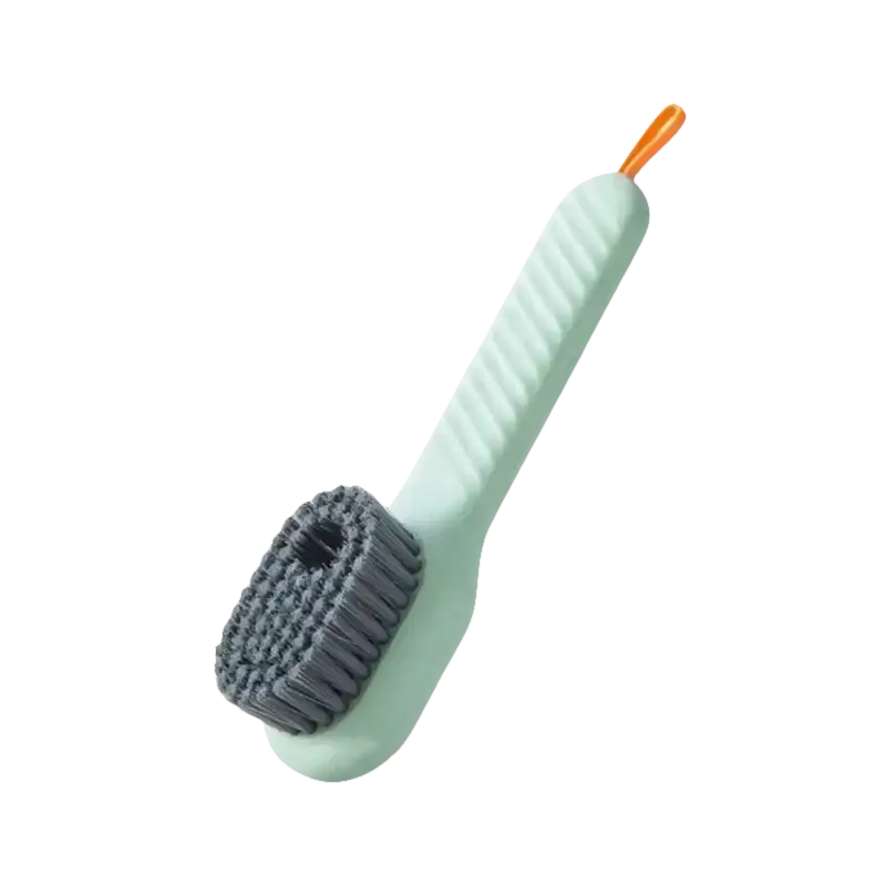 Green cleaning brush with gray bristles.