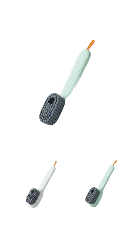 Shoe cleaning brush with dimensions and color options.