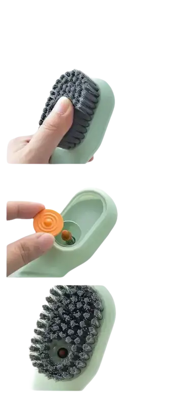Green cleaning brush with liquid dispenser.