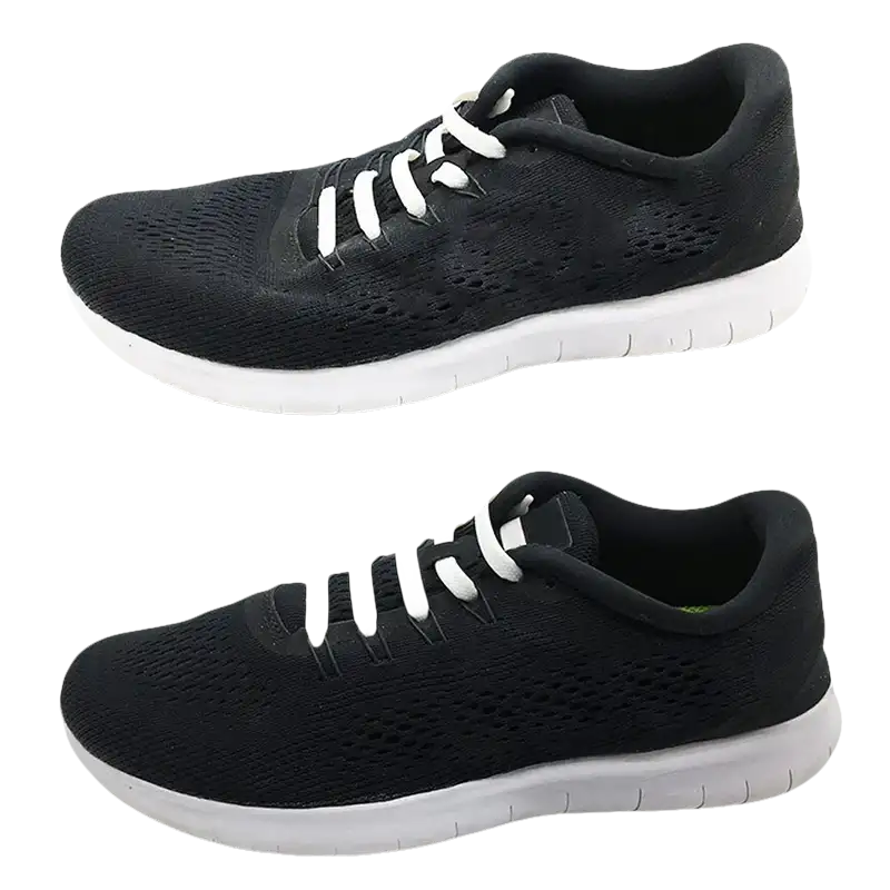 Black running shoe with white laces.