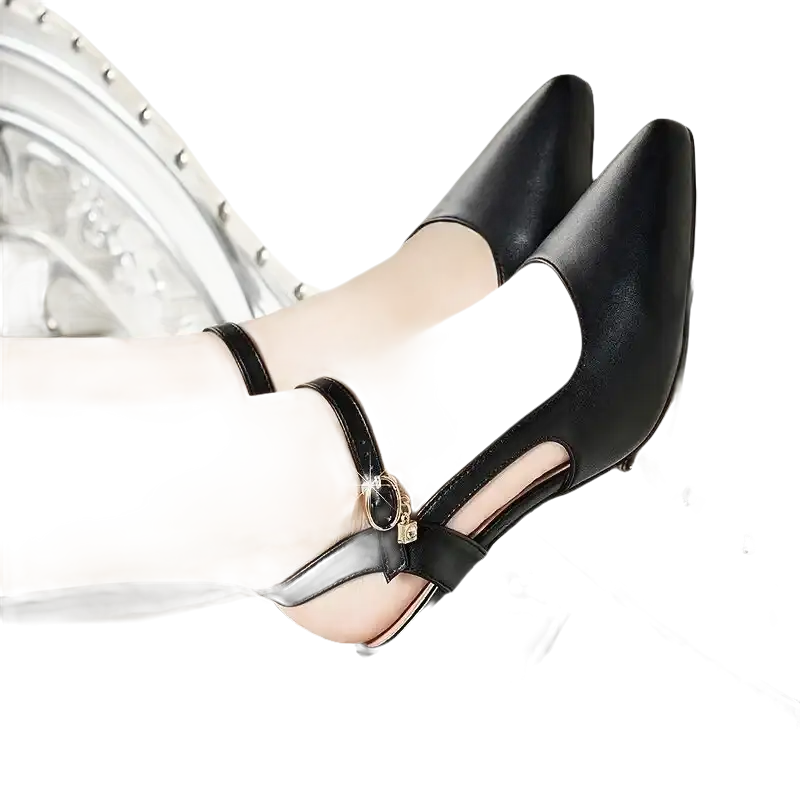Black leather heeled shoes.