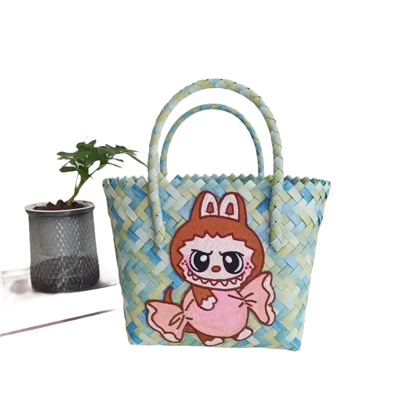 Woven tote bag with cartoon character.