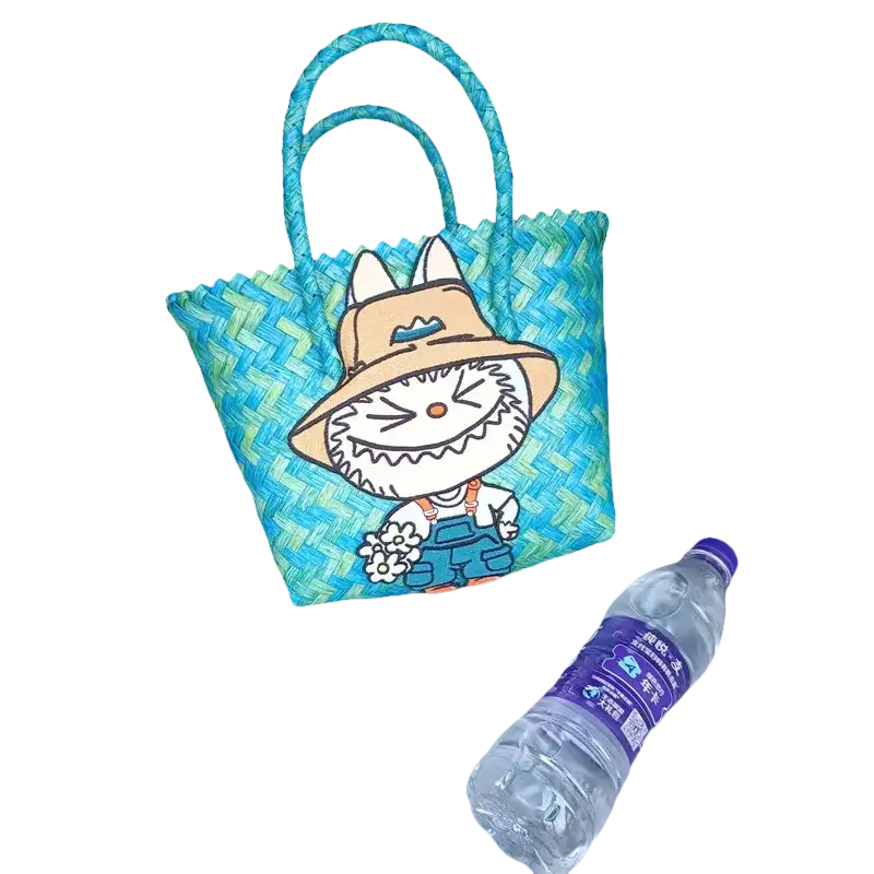 Blue and green woven tote bag with cartoon character.