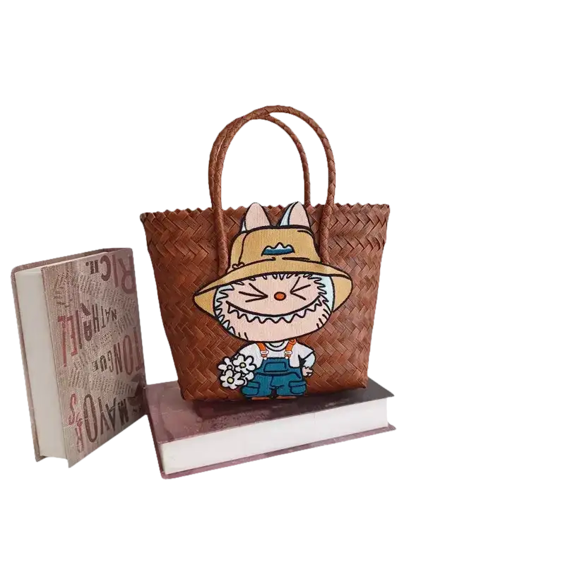 Brown woven tote bag with cartoon patch.