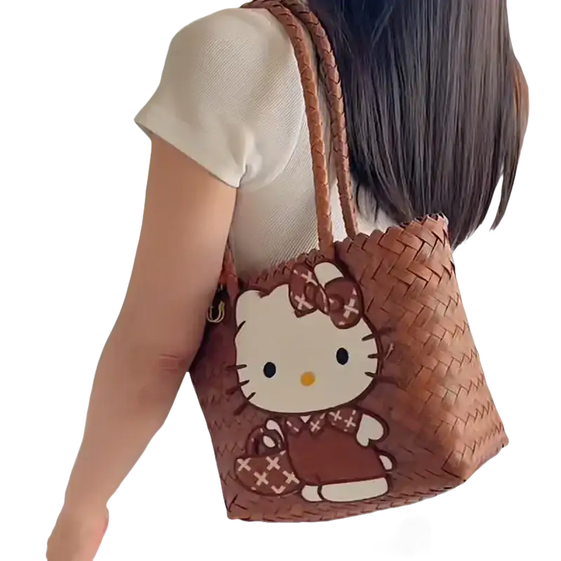 Woven brown Hello Kitty tote bag.