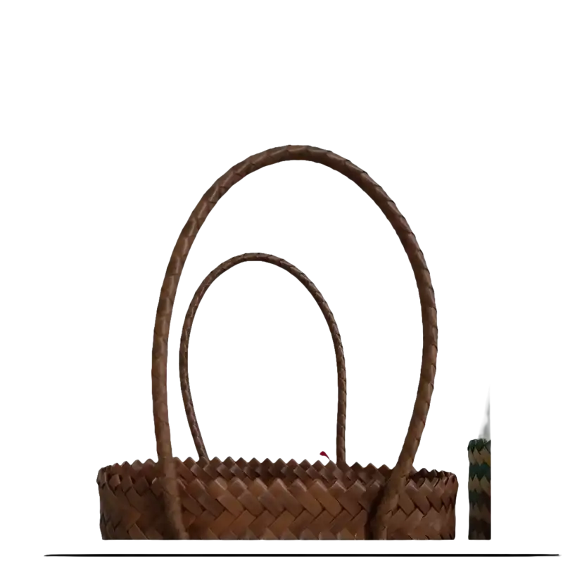 Handwoven brown bag with braided handles.