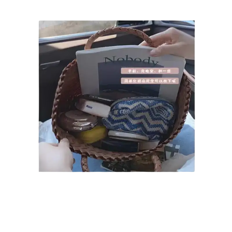 Woven handbag with contents.