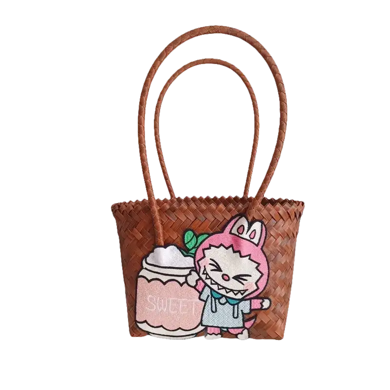 Brown woven tote bag with cartoon patch.