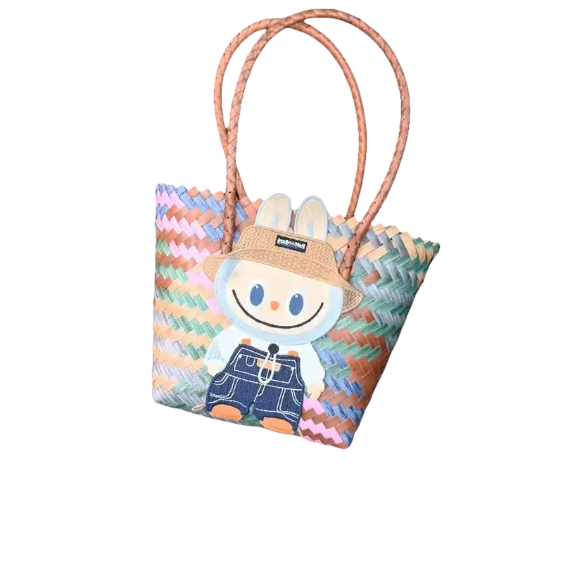 Colorful woven tote bag with bunny patch.