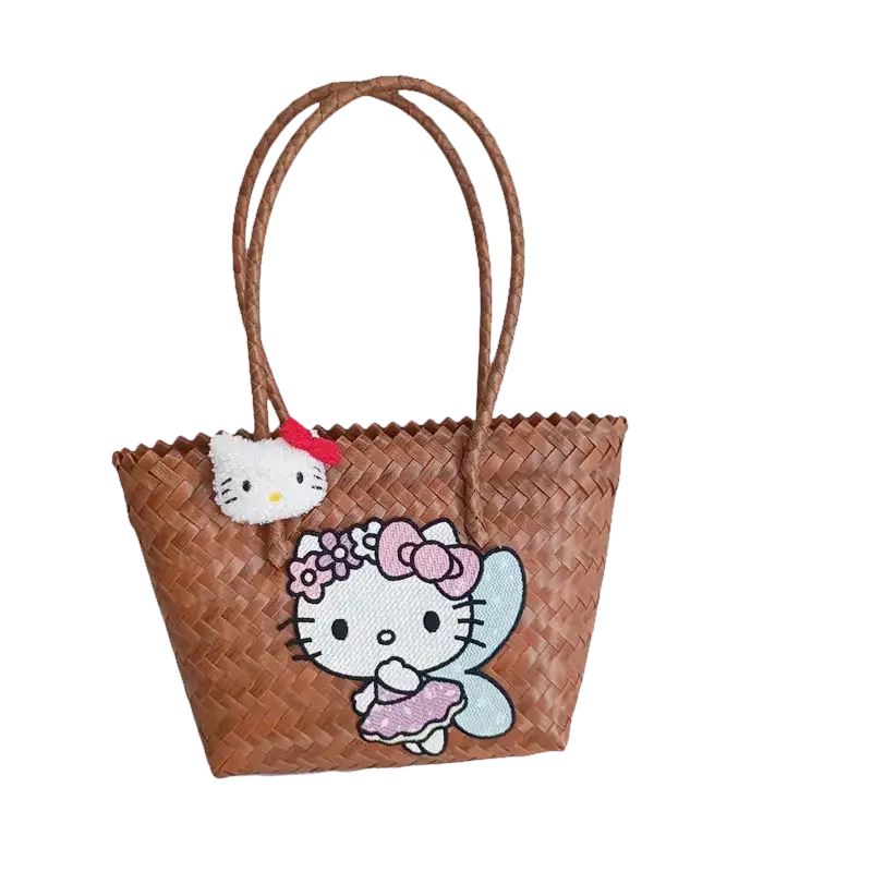 Woven tote bag with Hello Kitty embellishments.