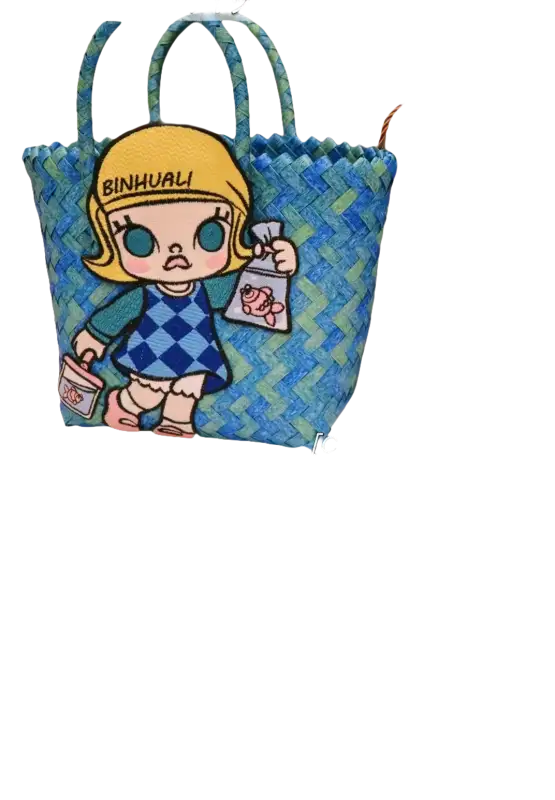 Blue woven tote bag with cartoon character.