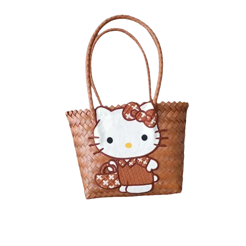 Brown woven Hello Kitty tote bag.