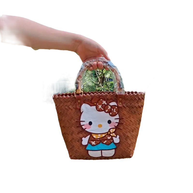 Brown woven handbag with Hello Kitty design.