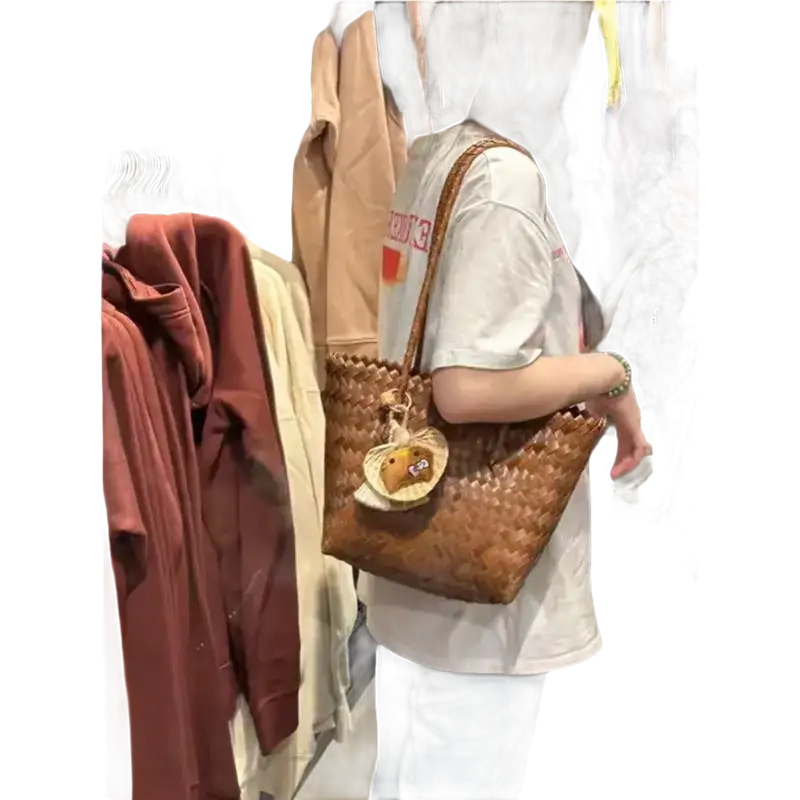 Brown woven tote bag.