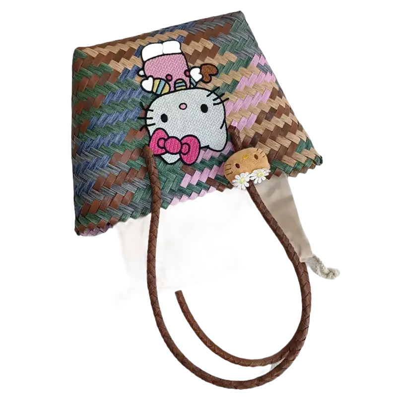 Woven tote bag with Hello Kitty embellishments.